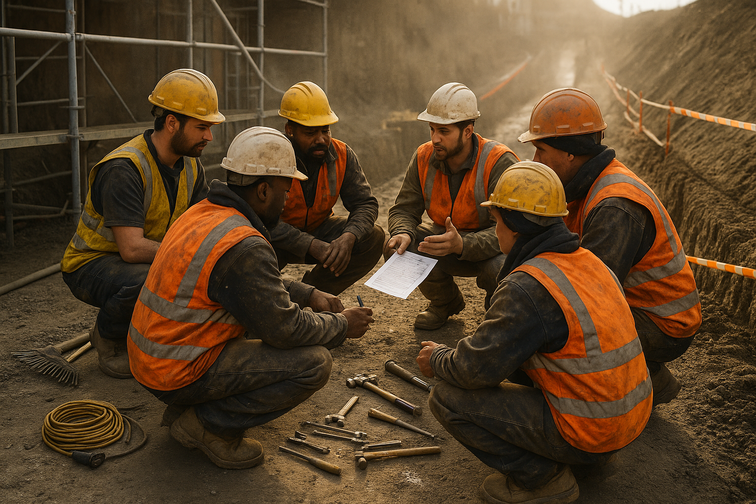 A group of construction workers in safety gear sit together at a worksite reviewing plans