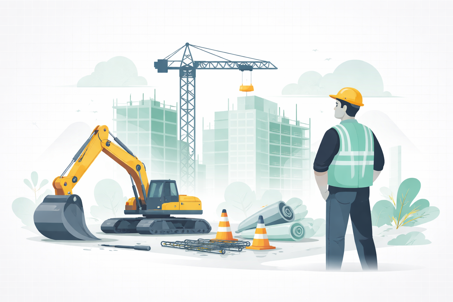 Illustration of a construction site with heavy equipment, a crane, and a worker wearing a hard hat overseeing operations.
