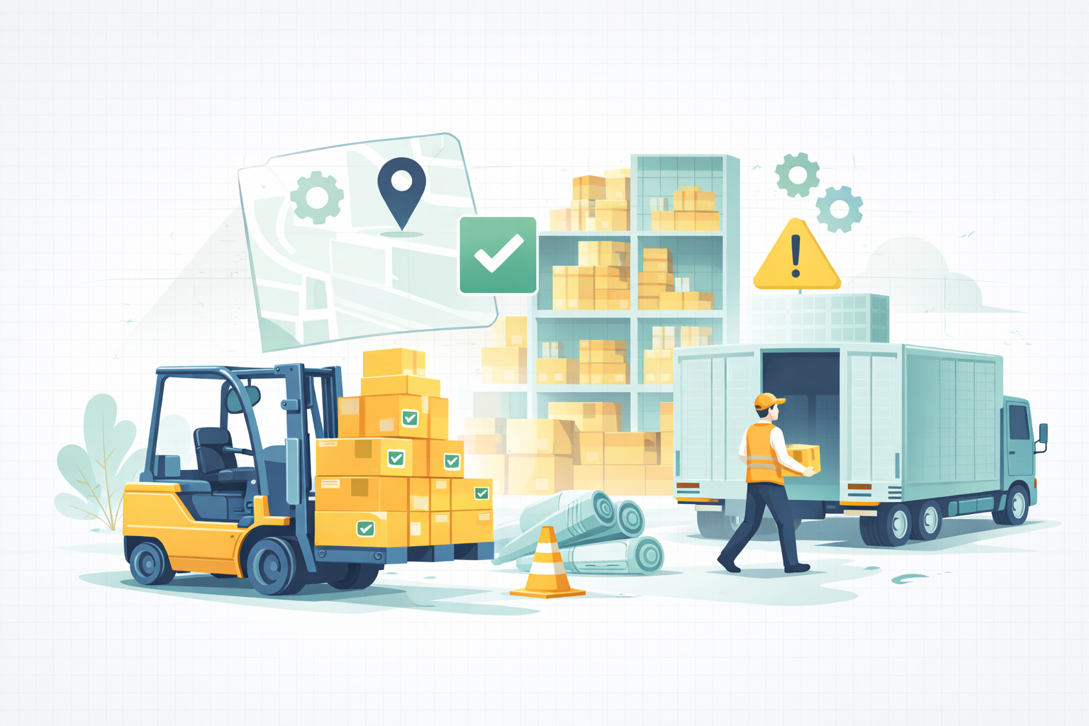 Illustration of a logistics facility with a forklift, delivery truck, stacked boxes, and safety icons representing coordinated operations.