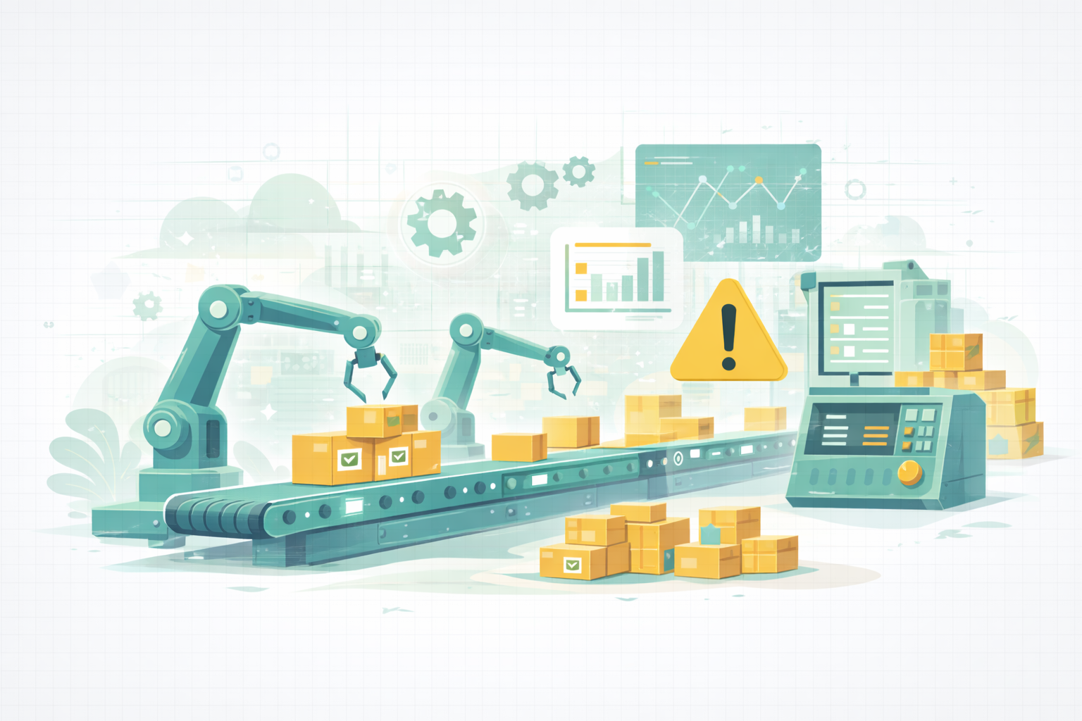 Illustration of an automated manufacturing line with robotic arms, packages on a conveyor, and safety indicators.